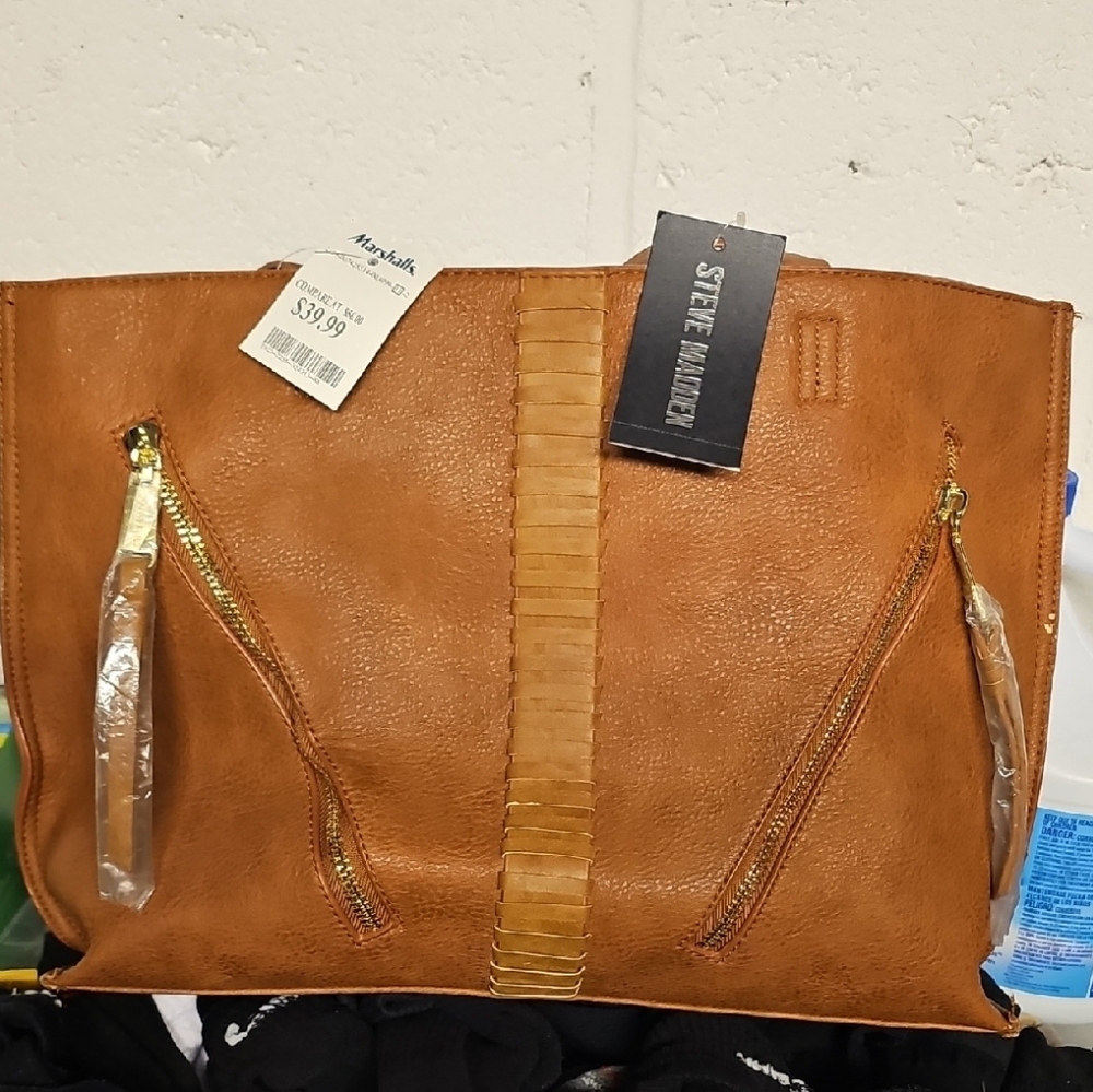 Steve Madden Cognac Leather Shoulder Tote with Woven Center Detail